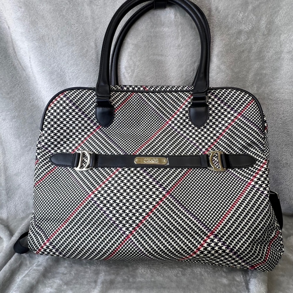 Chaps by Ralph Lauren Houndstooth‎ Canvas/Leather Duffle Bag Removable Strap